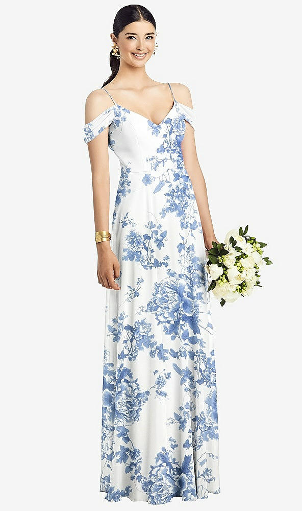 Front View - Cottage Rose Dusk Blue Cold-Shoulder V-Back Chiffon Maxi Dress