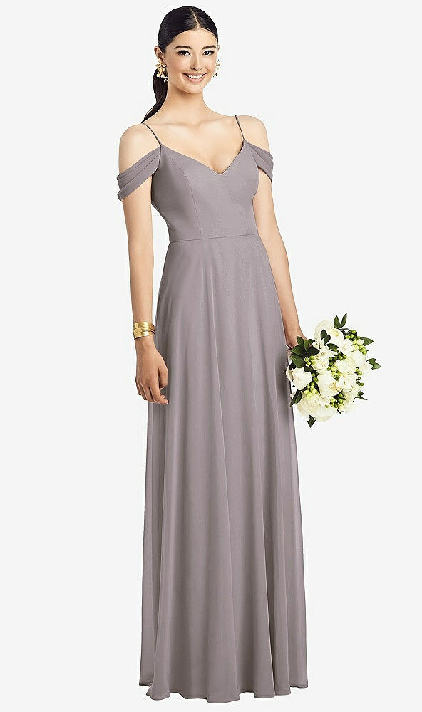 Front View - Cashmere Gray Cold-Shoulder V-Back Chiffon Maxi Dress