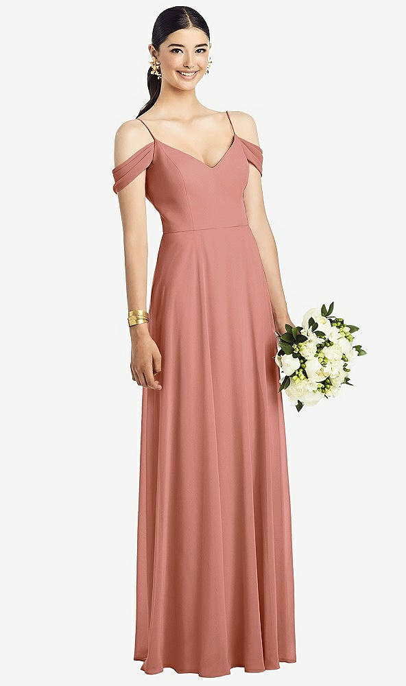 Front View - Desert Rose Cold-Shoulder V-Back Chiffon Maxi Dress