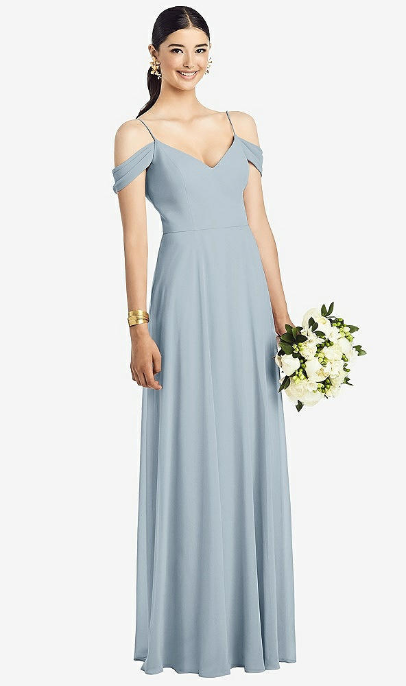 Front View - Mist Cold-Shoulder V-Back Chiffon Maxi Dress