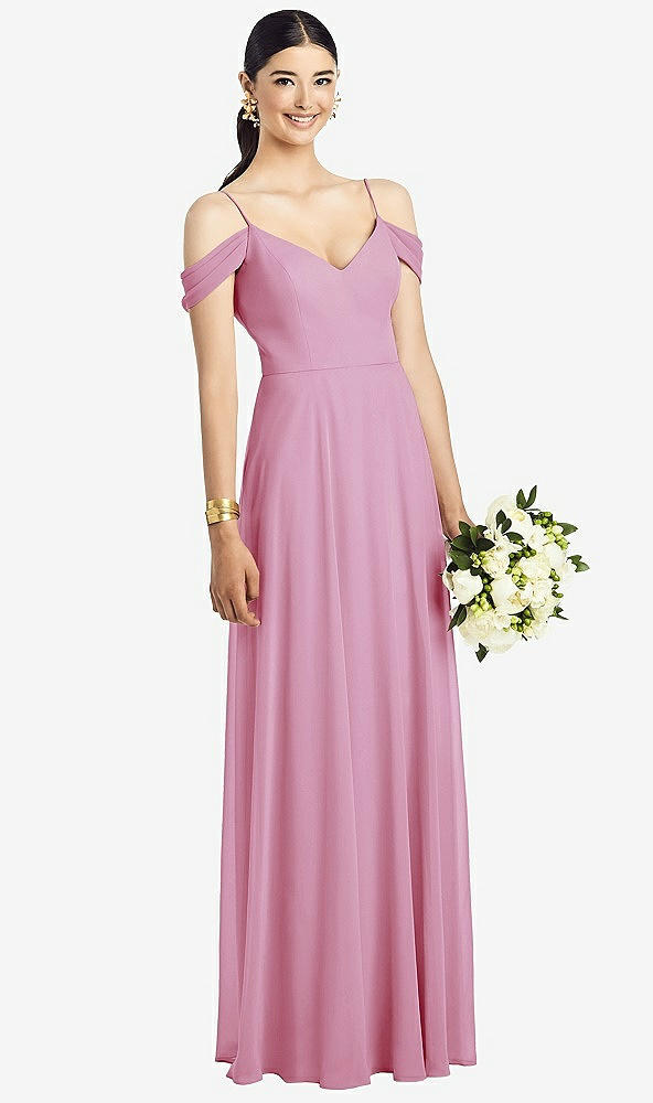 Front View - Powder Pink Cold-Shoulder V-Back Chiffon Maxi Dress