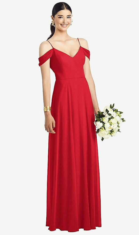 Front View - Parisian Red Cold-Shoulder V-Back Chiffon Maxi Dress