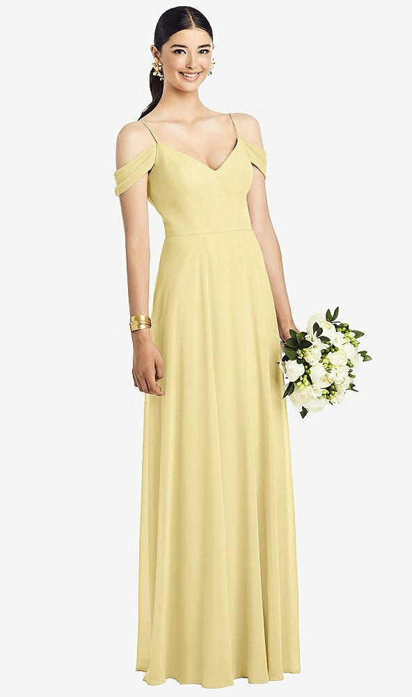 Front View - Pale Yellow Cold-Shoulder V-Back Chiffon Maxi Dress