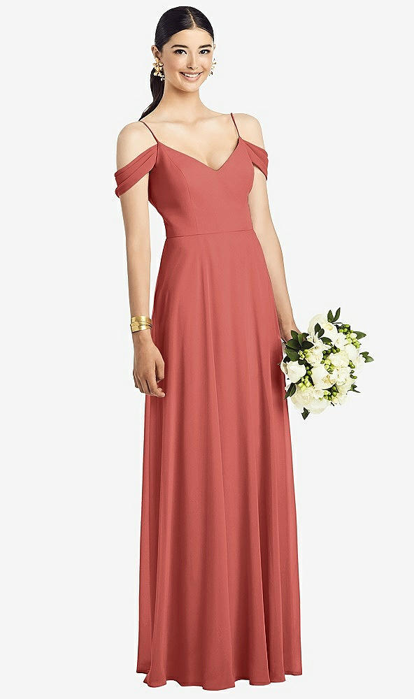 Front View - Coral Pink Cold-Shoulder V-Back Chiffon Maxi Dress