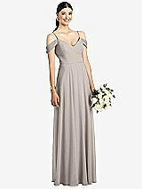 Front View Thumbnail - Taupe Cold-Shoulder V-Back Chiffon Maxi Dress