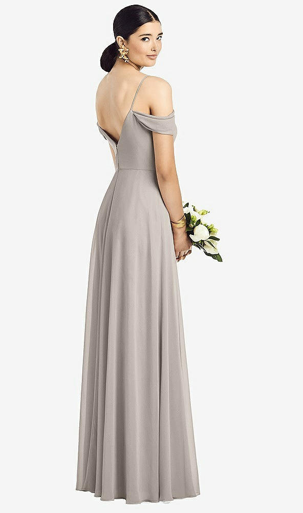 Back View - Taupe Cold-Shoulder V-Back Chiffon Maxi Dress