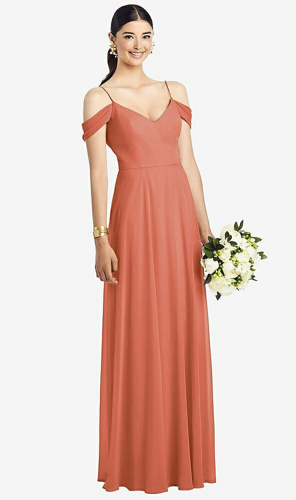 Front View - Terracotta Copper Cold-Shoulder V-Back Chiffon Maxi Dress