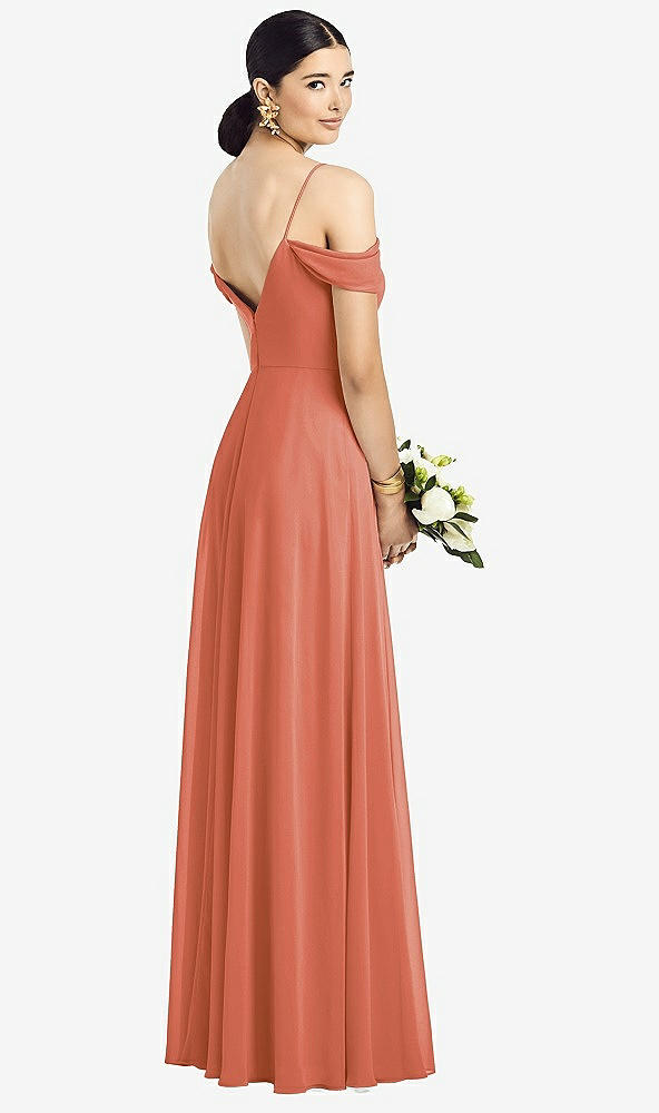 Back View - Terracotta Copper Cold-Shoulder V-Back Chiffon Maxi Dress