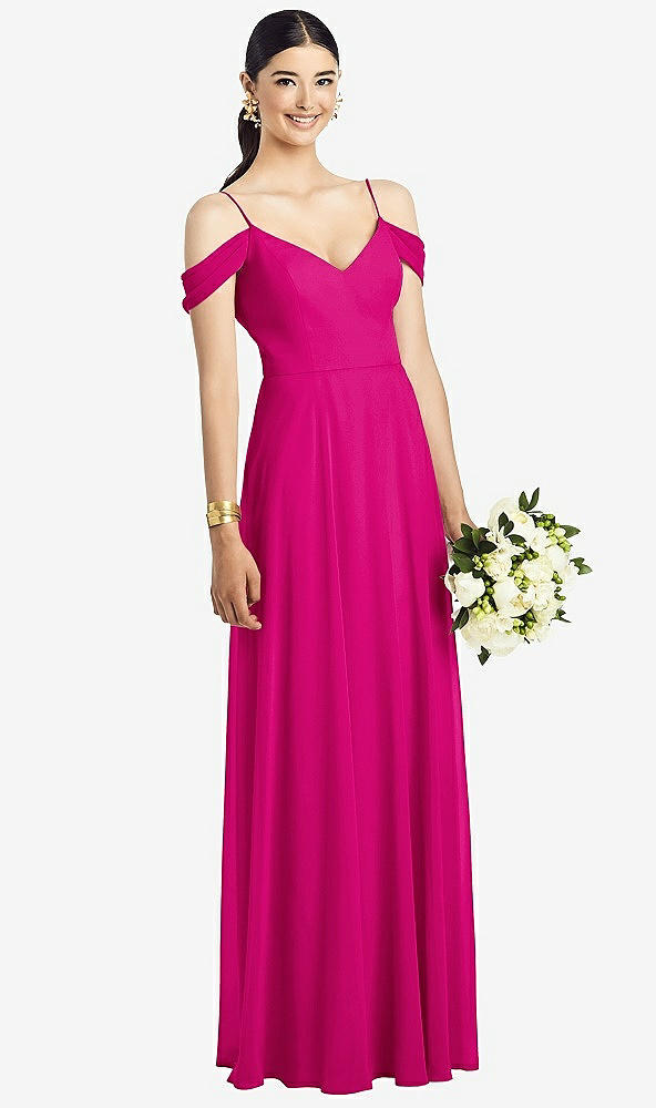 Front View - Think Pink Cold-Shoulder V-Back Chiffon Maxi Dress