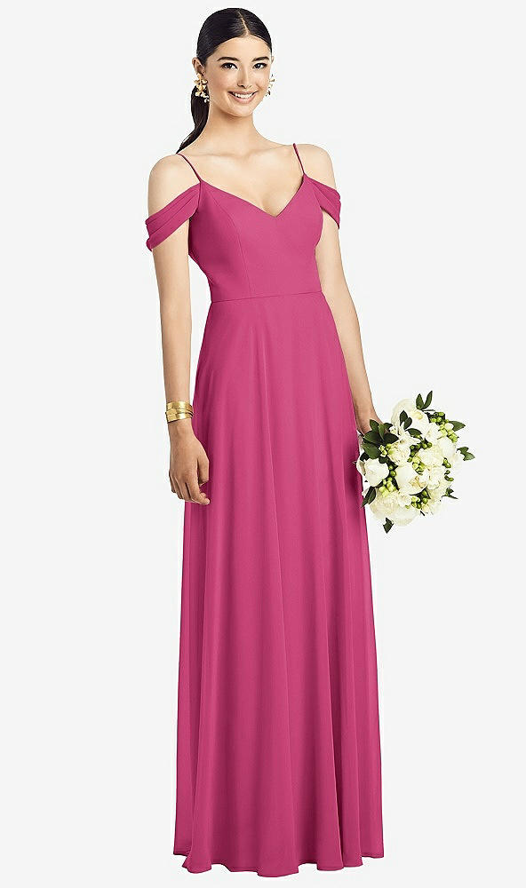 Front View - Tea Rose Cold-Shoulder V-Back Chiffon Maxi Dress