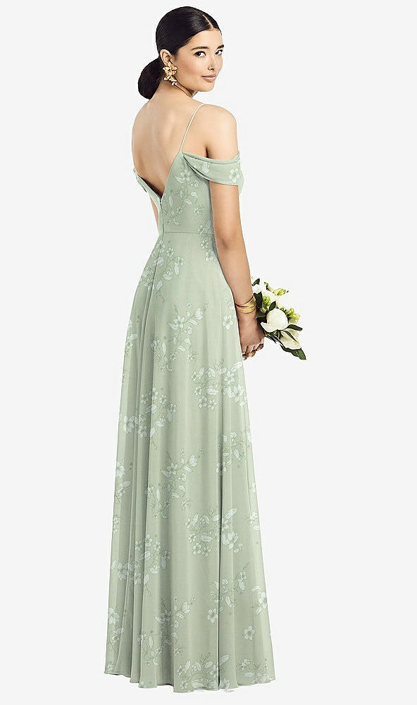 Back View - Vintage Primrose Sage Cold-Shoulder V-Back Chiffon Maxi Dress