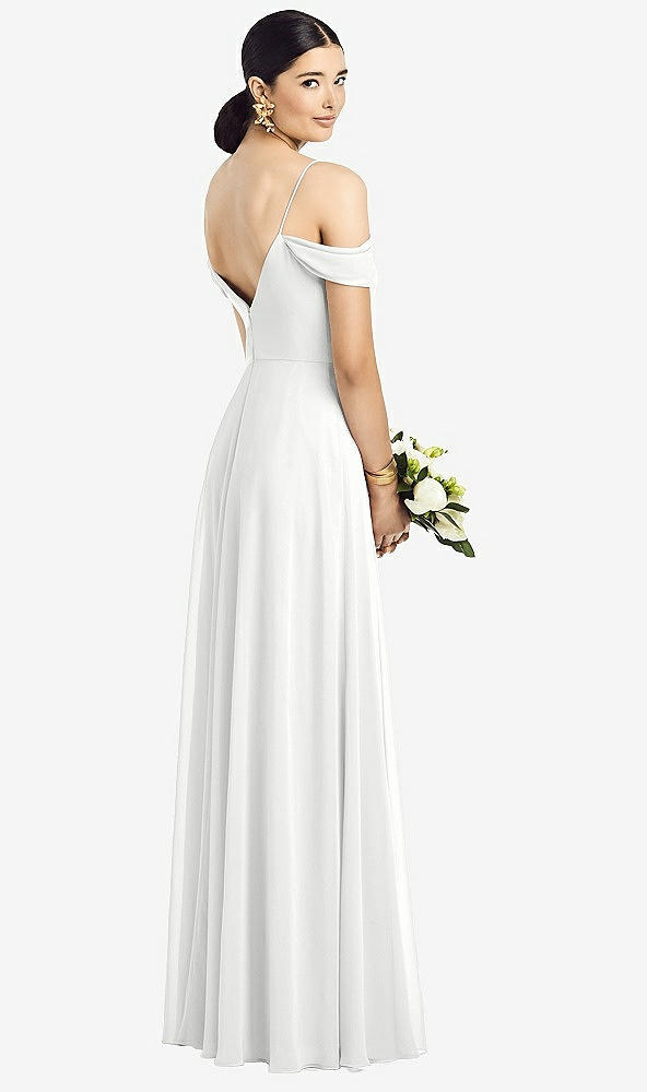 Back View - White Cold-Shoulder V-Back Chiffon Maxi Dress