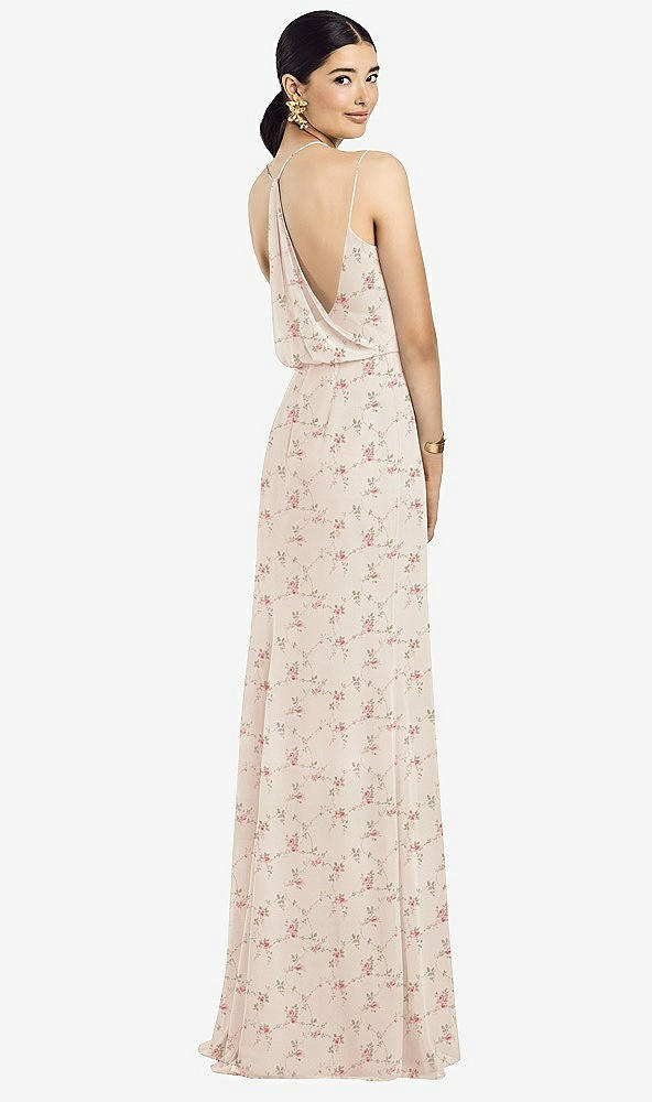 Front View - Coquette Floral Print Draped Blouson Back Chiffon Maxi Dress