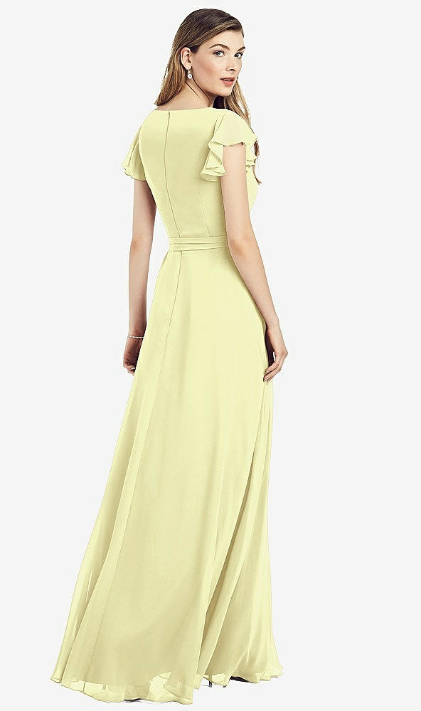 Back View - Butter Yellow Flutter Sleeve Faux Wrap Chiffon Dress