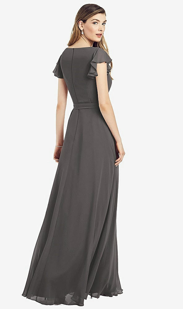 Back View - Caviar Gray Flutter Sleeve Faux Wrap Chiffon Dress