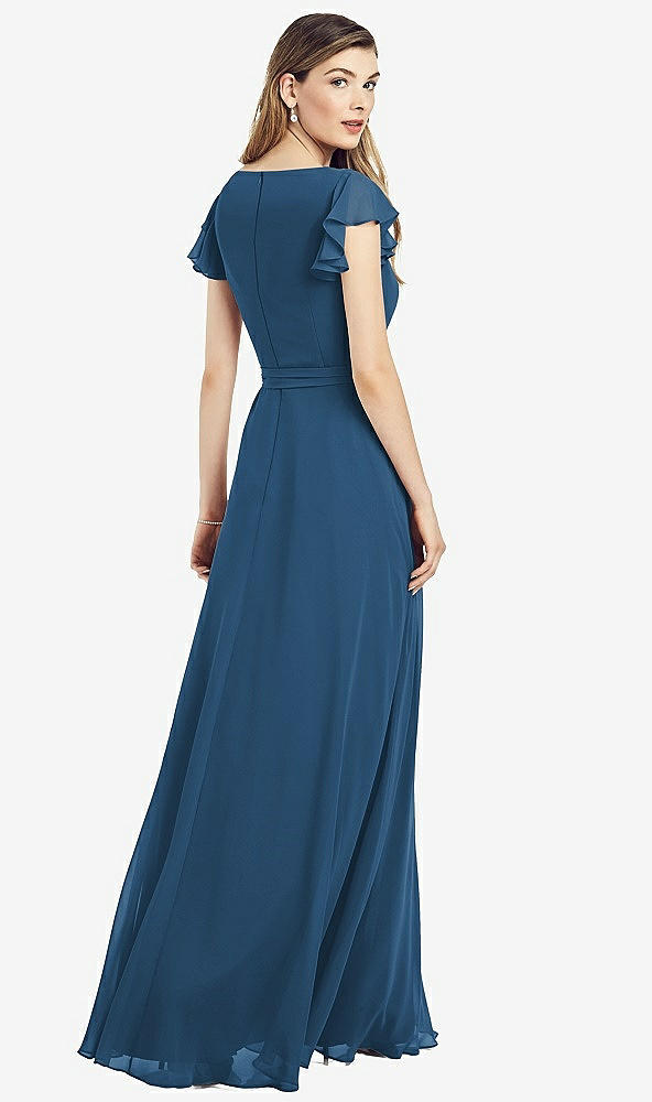 Back View - Dusk Blue Flutter Sleeve Faux Wrap Chiffon Dress