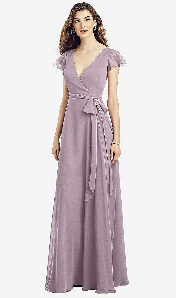 Front View - Lilac Dusk Flutter Sleeve Faux Wrap Chiffon Dress