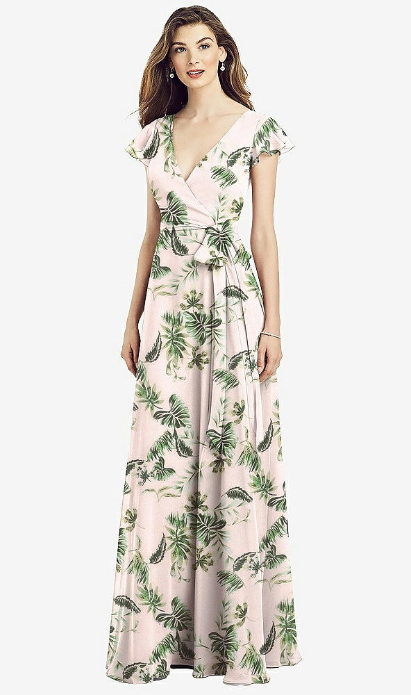 Front View - Palm Beach Print Flutter Sleeve Faux Wrap Chiffon Dress