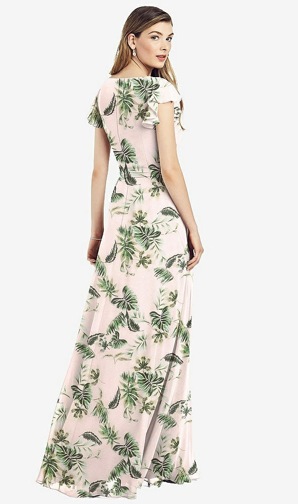 Back View - Palm Beach Print Flutter Sleeve Faux Wrap Chiffon Dress