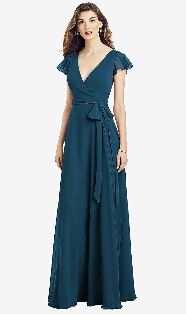 Front View - Atlantic Blue Flutter Sleeve Faux Wrap Chiffon Dress