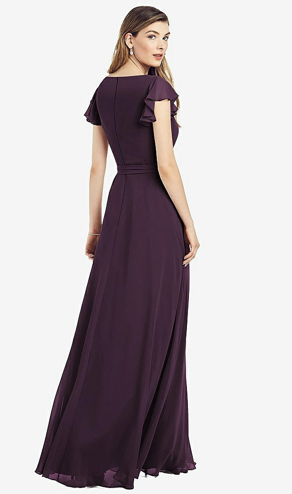 Back View - Aubergine Flutter Sleeve Faux Wrap Chiffon Dress