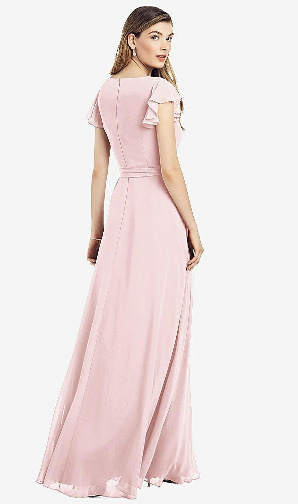 Back View - Ballet Pink Flutter Sleeve Faux Wrap Chiffon Dress