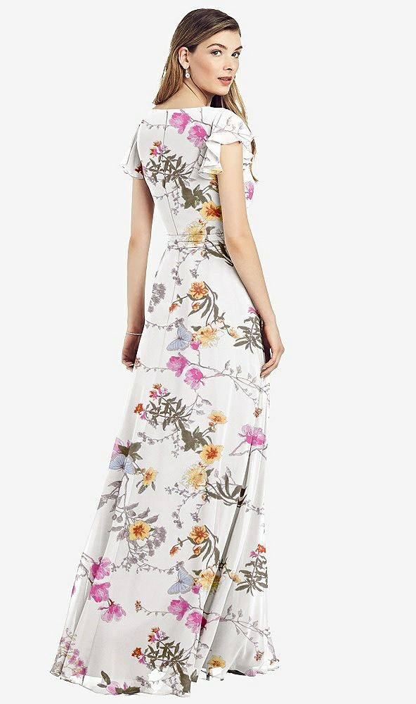 Back View - Butterfly Botanica Ivory Flutter Sleeve Faux Wrap Chiffon Dress