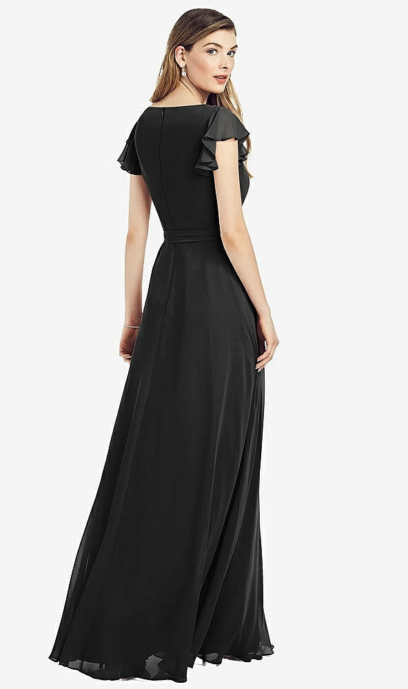 Back View - Black Flutter Sleeve Faux Wrap Chiffon Dress