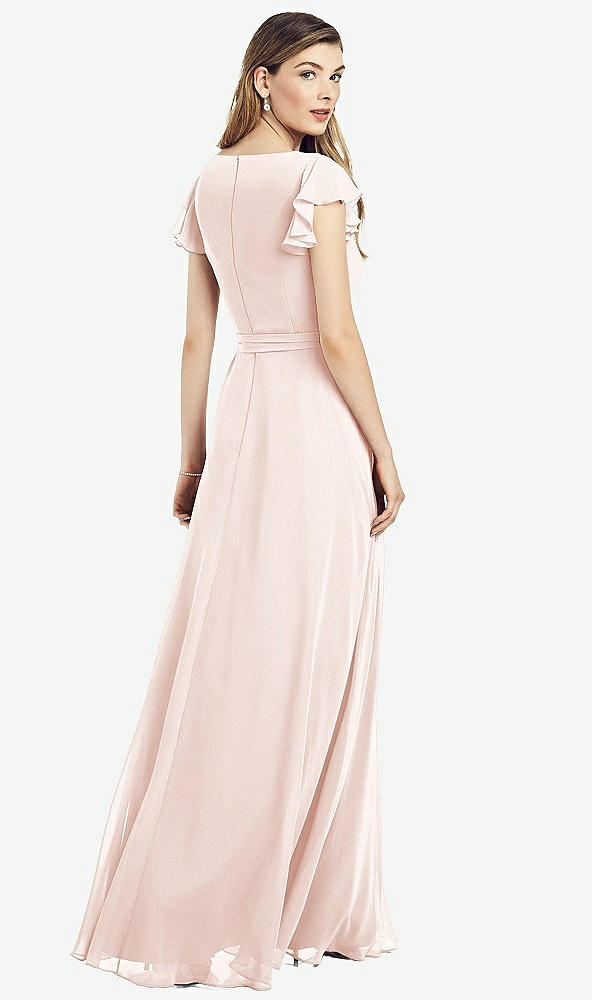 Back View - Blush Flutter Sleeve Faux Wrap Chiffon Dress