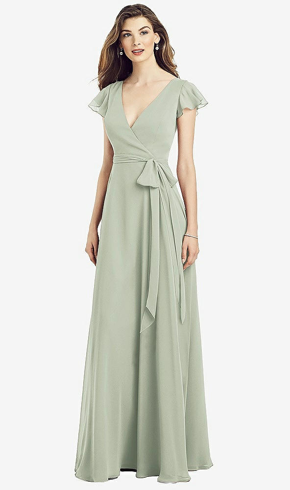 Front View - Celadon Flutter Sleeve Faux Wrap Chiffon Dress