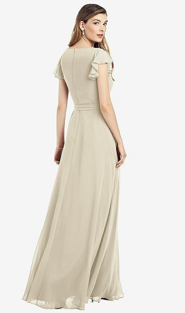 Back View - Champagne Flutter Sleeve Faux Wrap Chiffon Dress