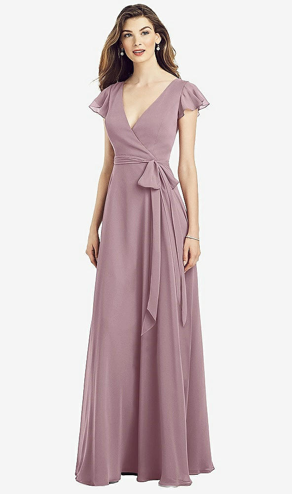 Front View - Dusty Rose Flutter Sleeve Faux Wrap Chiffon Dress