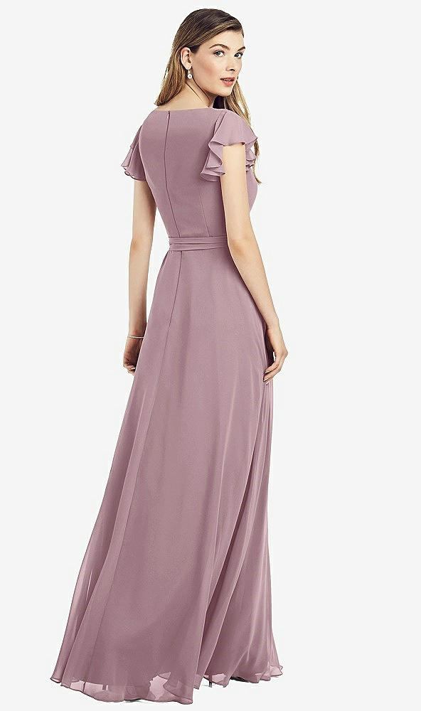 Back View - Dusty Rose Flutter Sleeve Faux Wrap Chiffon Dress