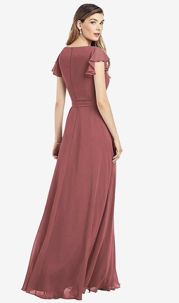 Back View - English Rose Flutter Sleeve Faux Wrap Chiffon Dress