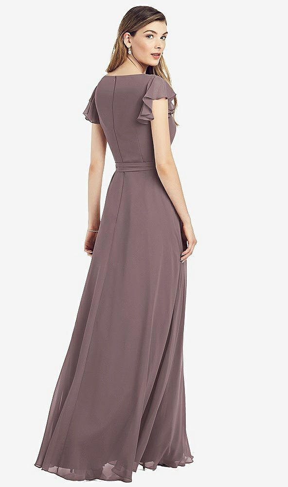 Back View - French Truffle Flutter Sleeve Faux Wrap Chiffon Dress