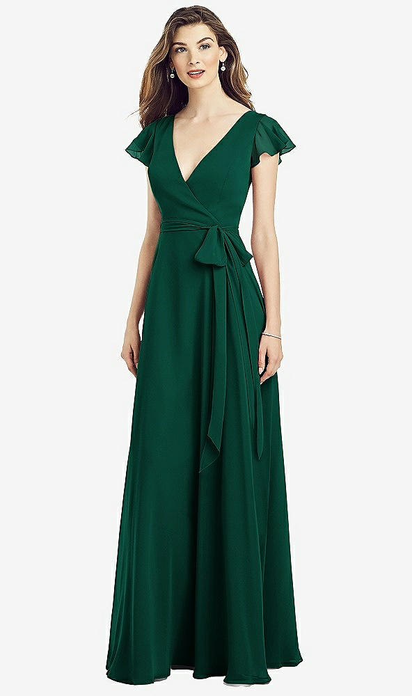 Front View - Hunter Green Flutter Sleeve Faux Wrap Chiffon Dress