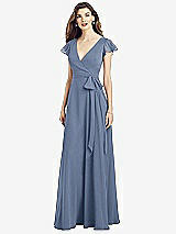 Front View Thumbnail - Larkspur Blue Flutter Sleeve Faux Wrap Chiffon Dress