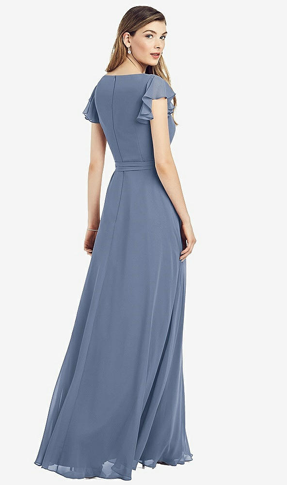 Back View - Larkspur Blue Flutter Sleeve Faux Wrap Chiffon Dress