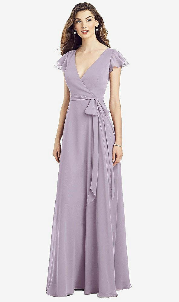 Front View - Lilac Haze Flutter Sleeve Faux Wrap Chiffon Dress