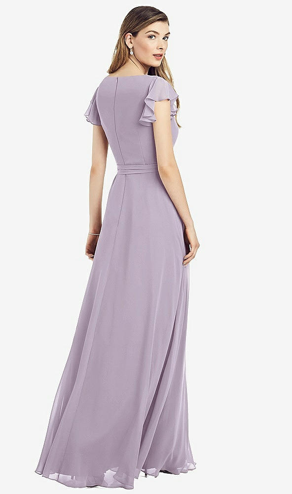 Back View - Lilac Haze Flutter Sleeve Faux Wrap Chiffon Dress