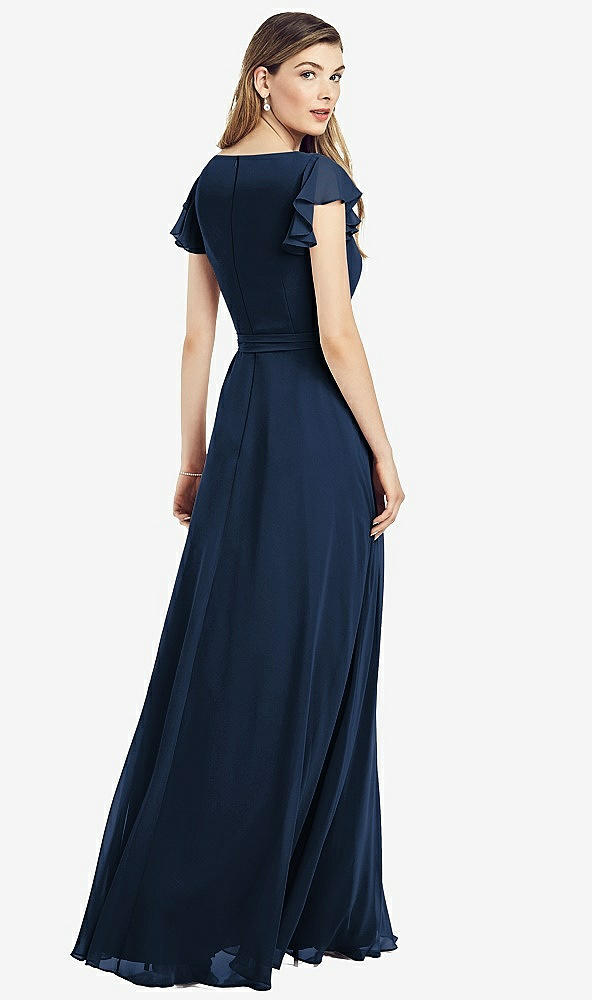 Back View - Midnight Navy Flutter Sleeve Faux Wrap Chiffon Dress