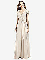 Front View Thumbnail - Oat Flutter Sleeve Faux Wrap Chiffon Dress