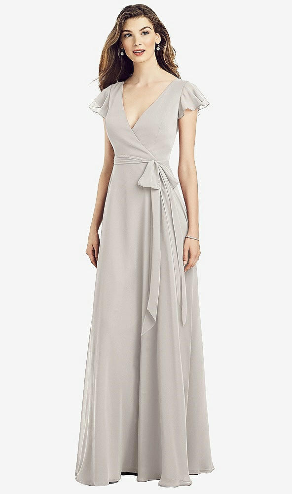 Front View - Oyster Flutter Sleeve Faux Wrap Chiffon Dress