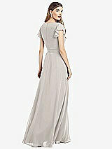 Rear View Thumbnail - Oyster Flutter Sleeve Faux Wrap Chiffon Dress