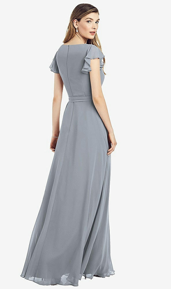 Back View - Platinum Flutter Sleeve Faux Wrap Chiffon Dress