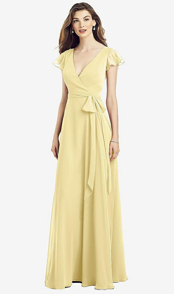 Front View - Pale Yellow Flutter Sleeve Faux Wrap Chiffon Dress