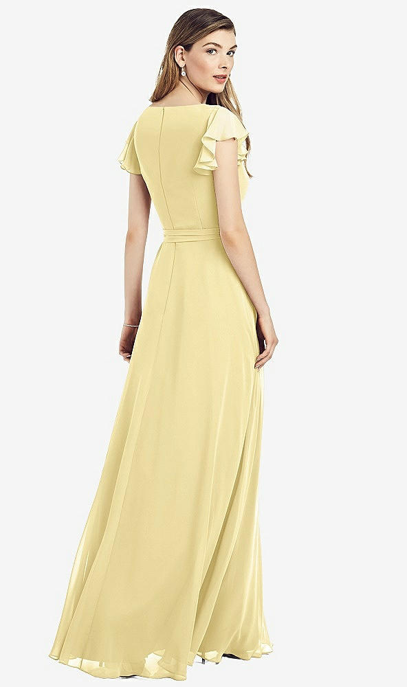 Back View - Pale Yellow Flutter Sleeve Faux Wrap Chiffon Dress