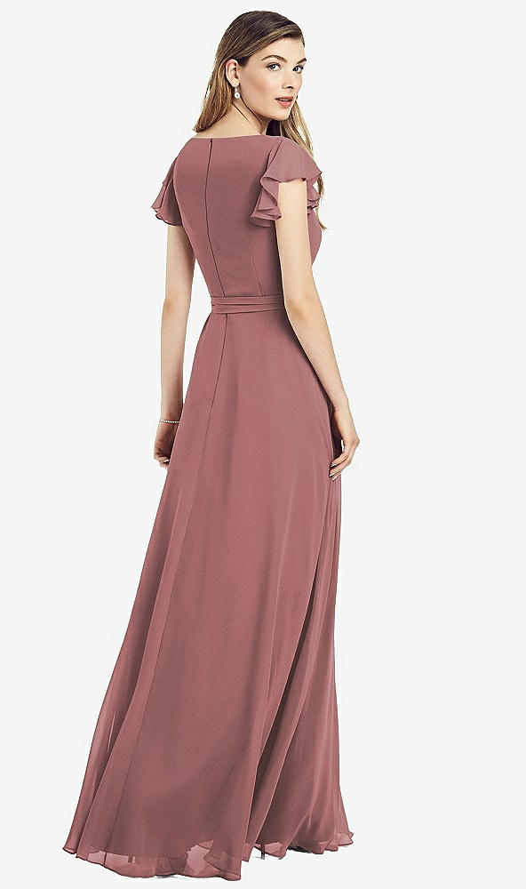 Back View - Rosewood Flutter Sleeve Faux Wrap Chiffon Dress