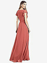 Rear View Thumbnail - Coral Pink Flutter Sleeve Faux Wrap Chiffon Dress