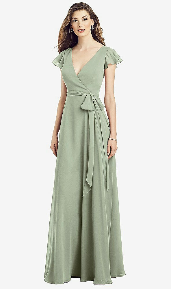 Front View - Sage Flutter Sleeve Faux Wrap Chiffon Dress